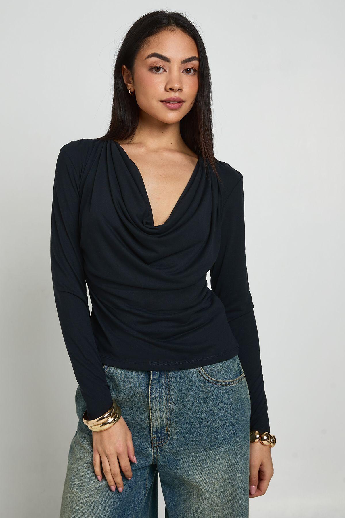 Cupro Cowl Neck Long Sleeve Crop Top by BOOHOO