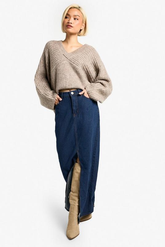 Dark Indigo Wash Split Front Denim Maxi Skirt by BOOHOO