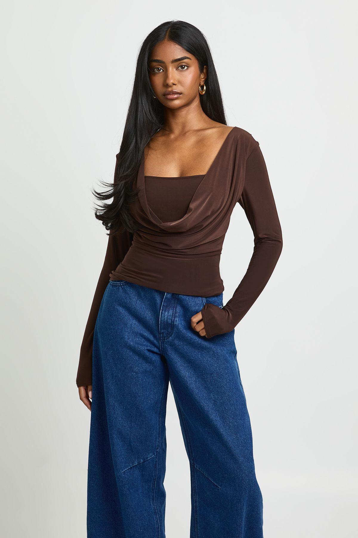 Deep Cowl Double Layer Long Sleeve Top by BOOHOO