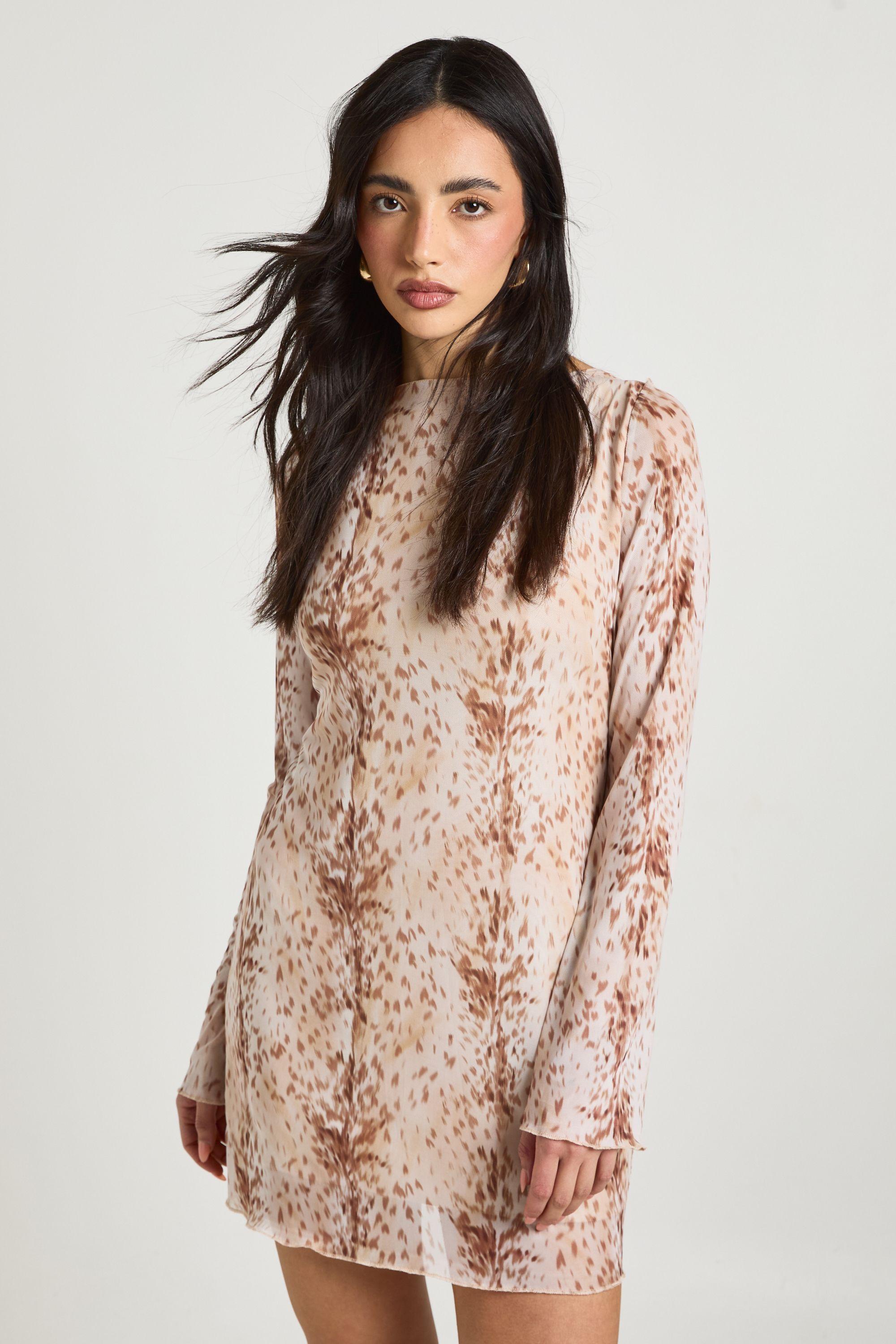 Deer Print Mesh Flare Sleeve Mini Dress by BOOHOO