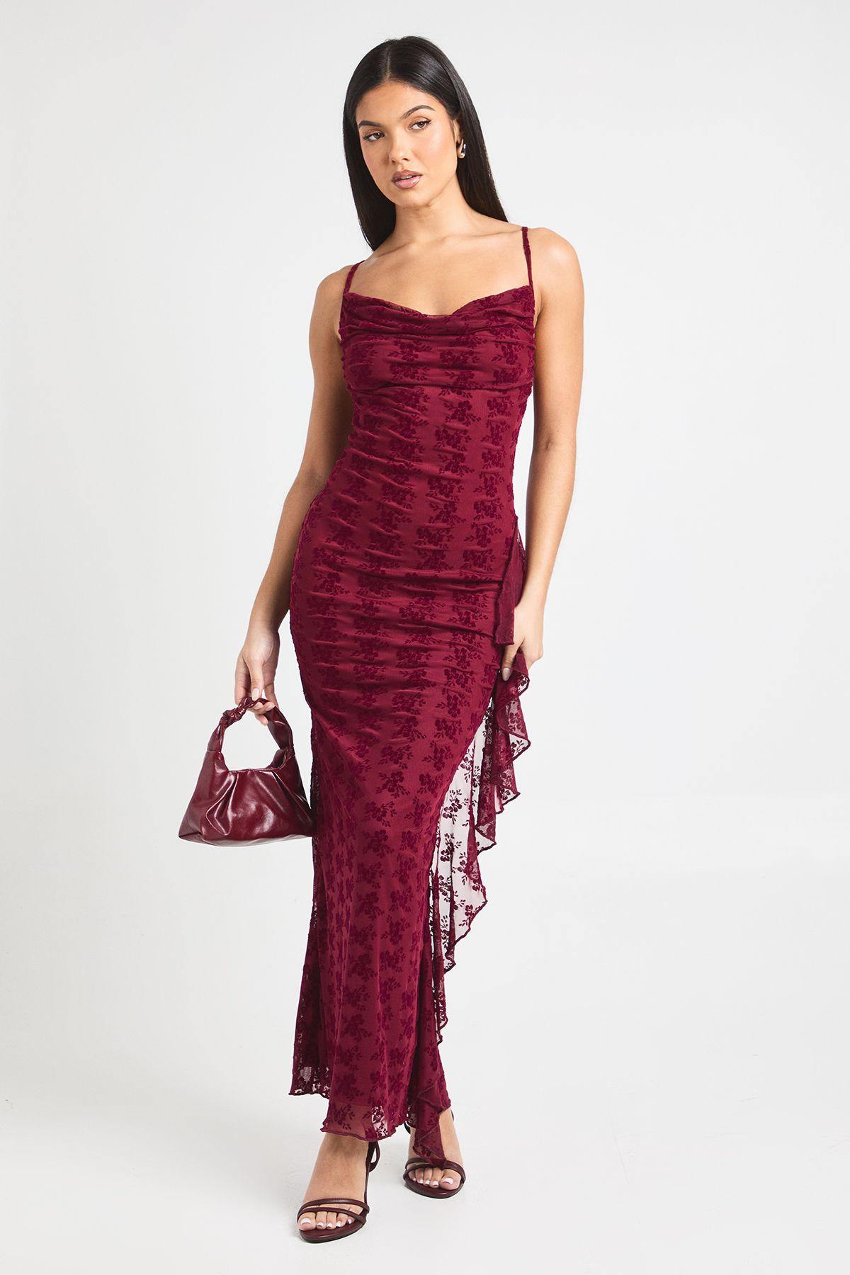 Devore Cowl Neck Ruffle Maxi Dress by BOOHOO Devore Cowl Neck Ruffle Maxi Dress by BOOHOO