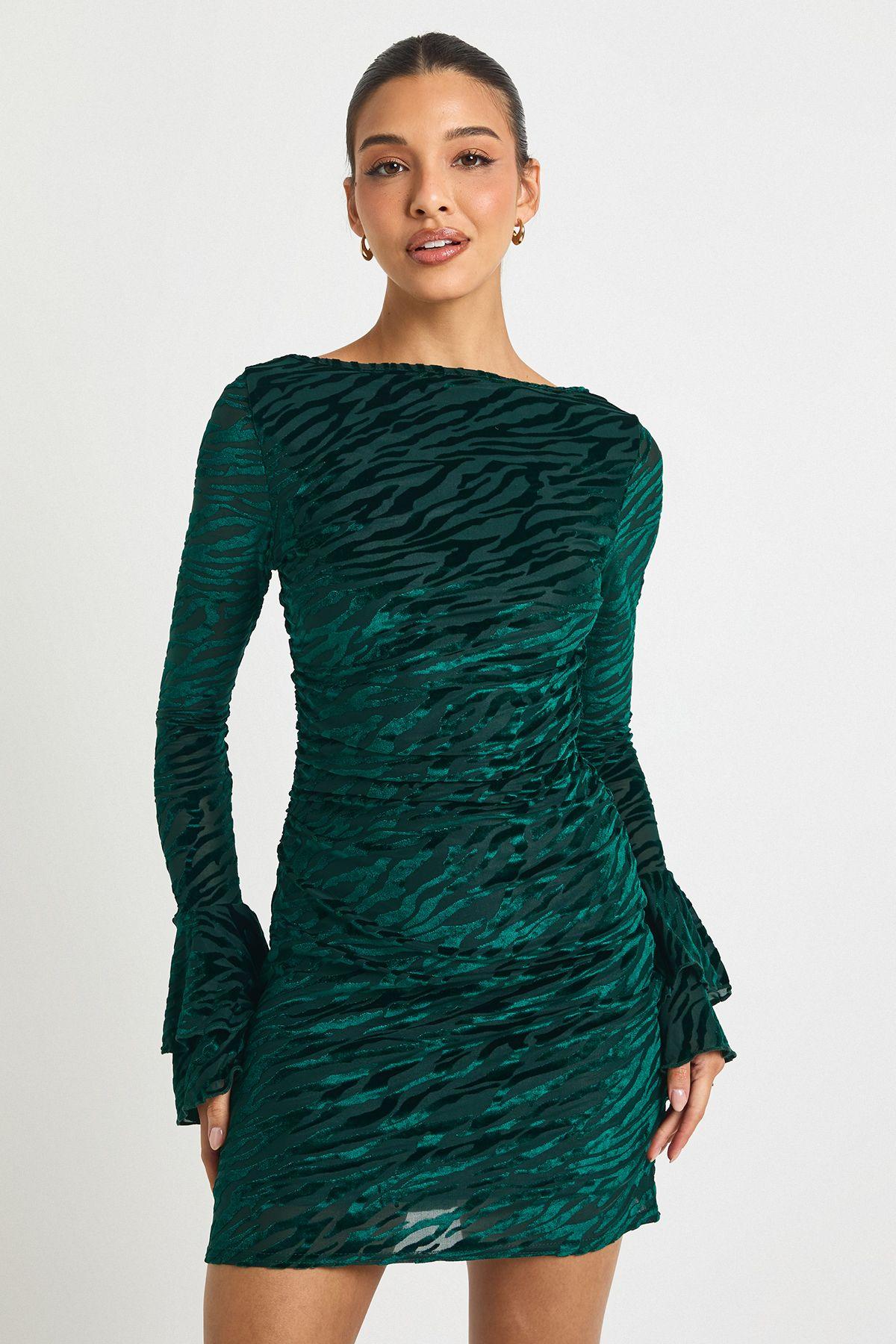 Devore Flare Sleeve Open Back Mini Dress by BOOHOO