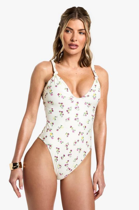 Ditsy Floral Print Knot Detail Plunge Swimsuit by BOOHOO