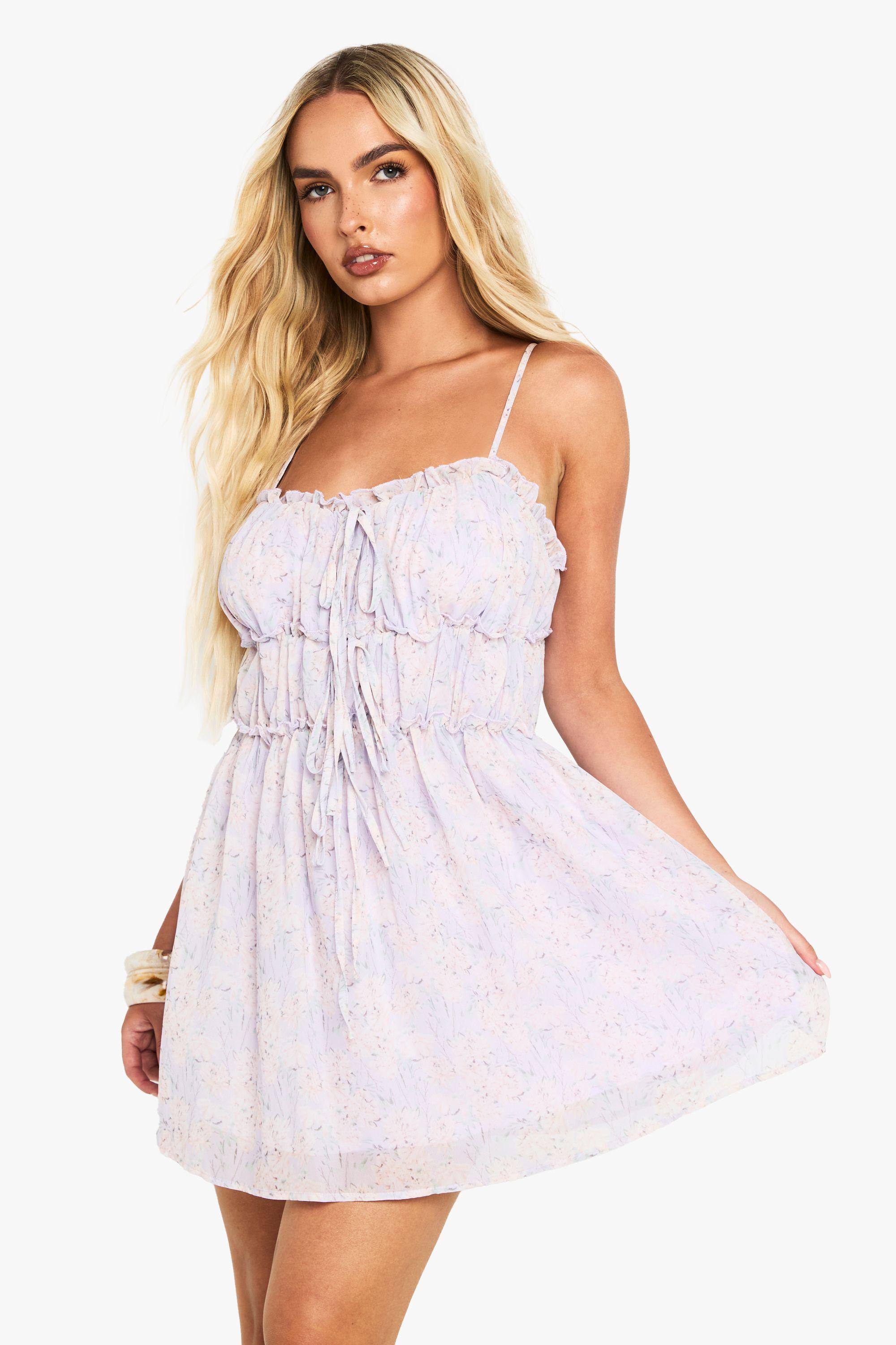 Ditsy Floral Textured Ruched Tie Mini Smock Dress by BOOHOO