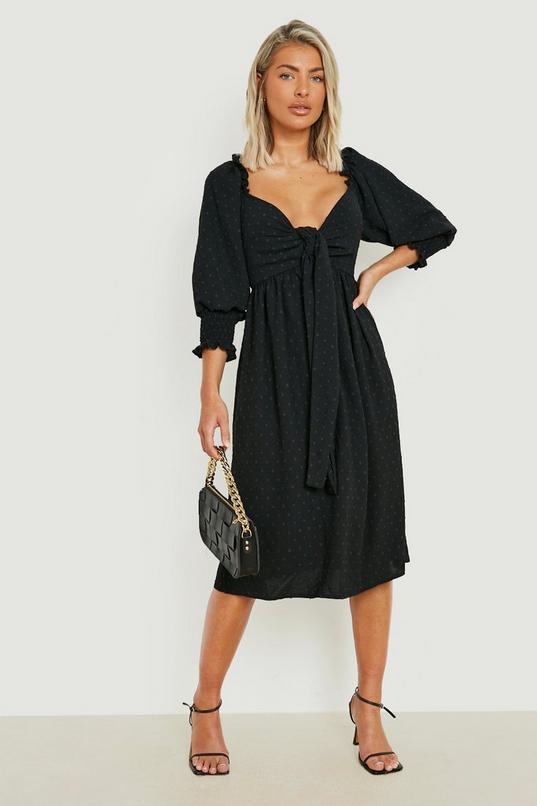 Dobby Tie Front Midi Dress by BOOHOO