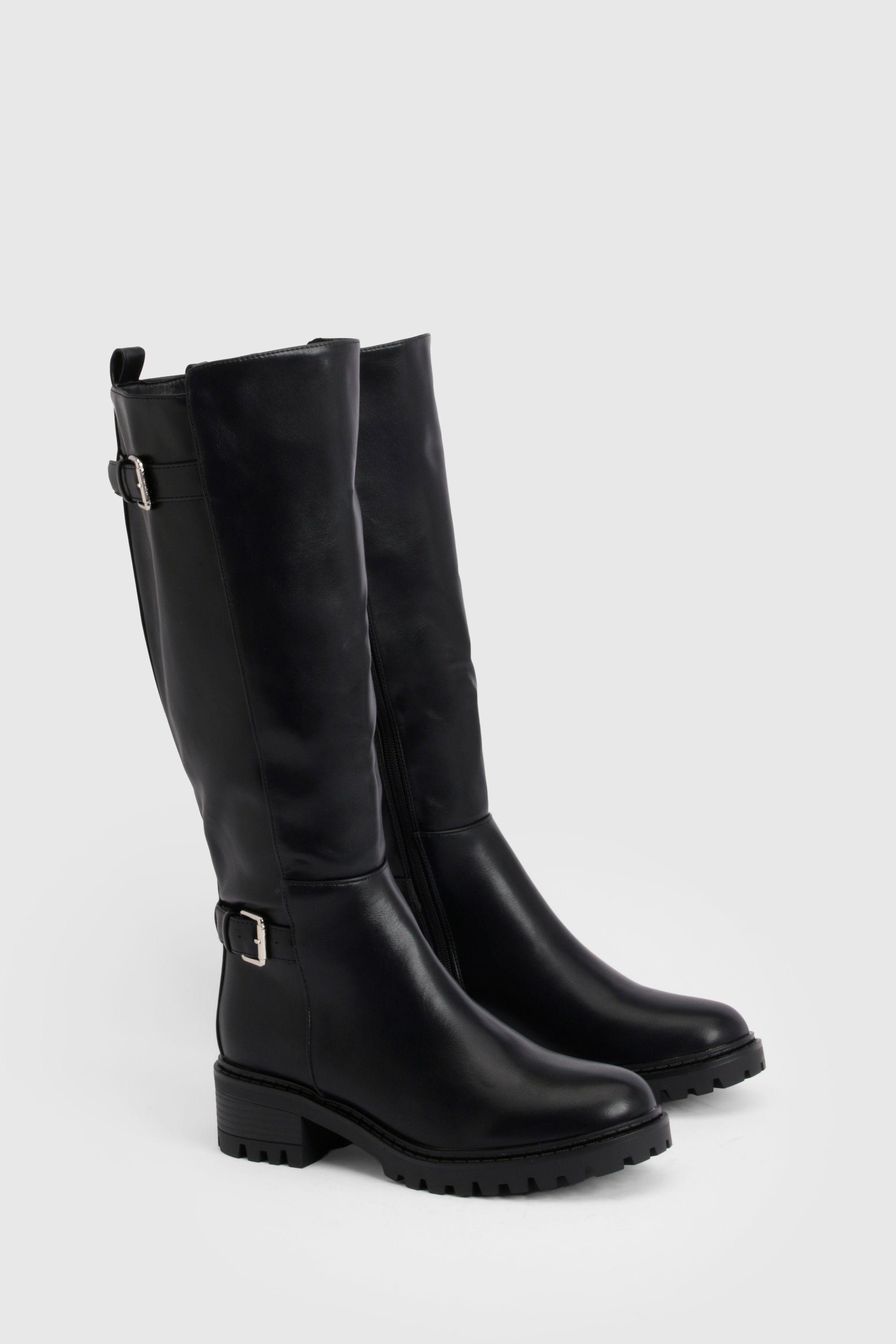 Double Buckle Detail Knee High Boots by BOOHOO