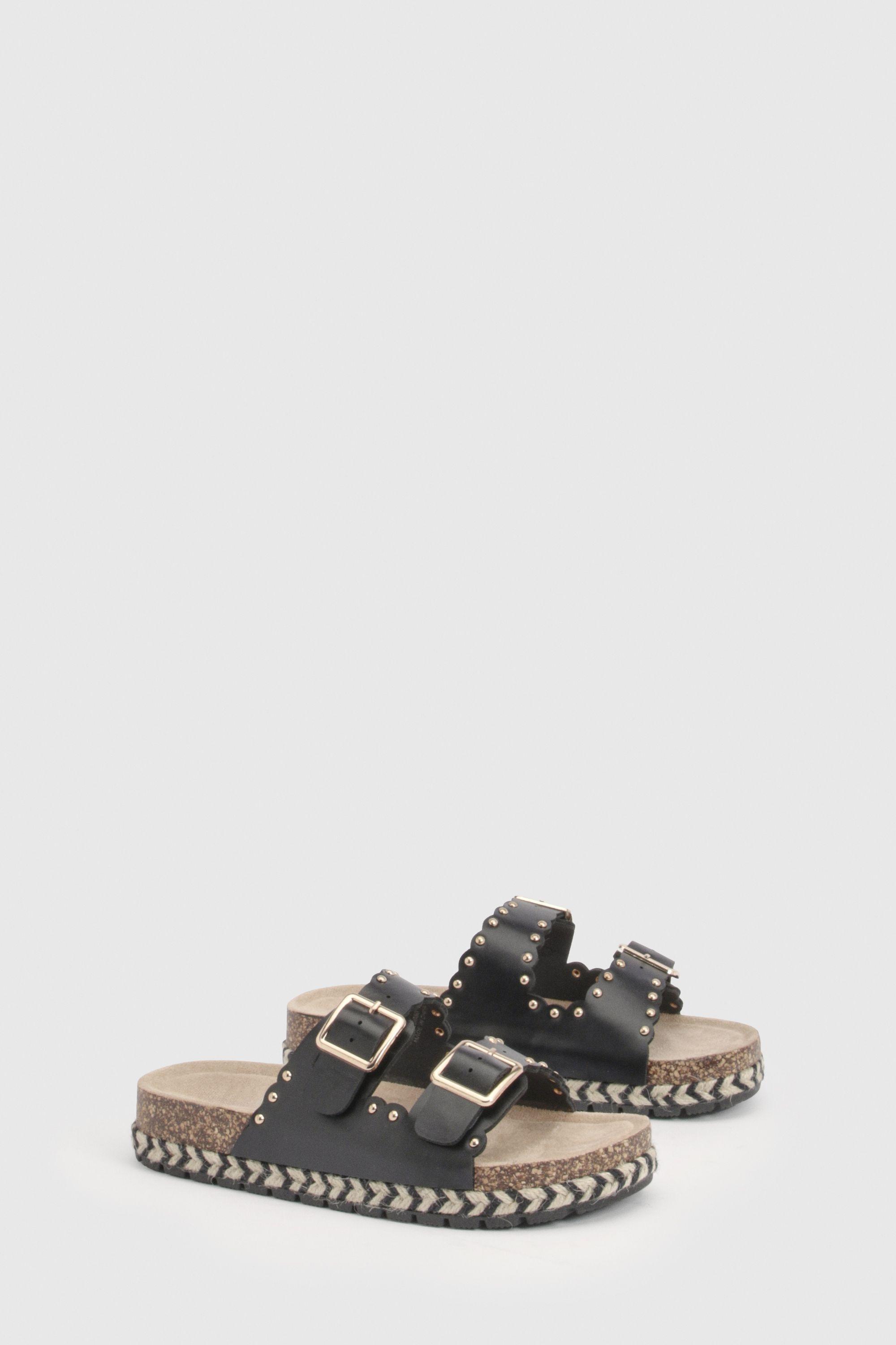 Double Buckle Flatform Studded Sandals by BOOHOO