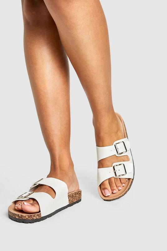 Double Buckle Footbed Slider by BOOHOO
