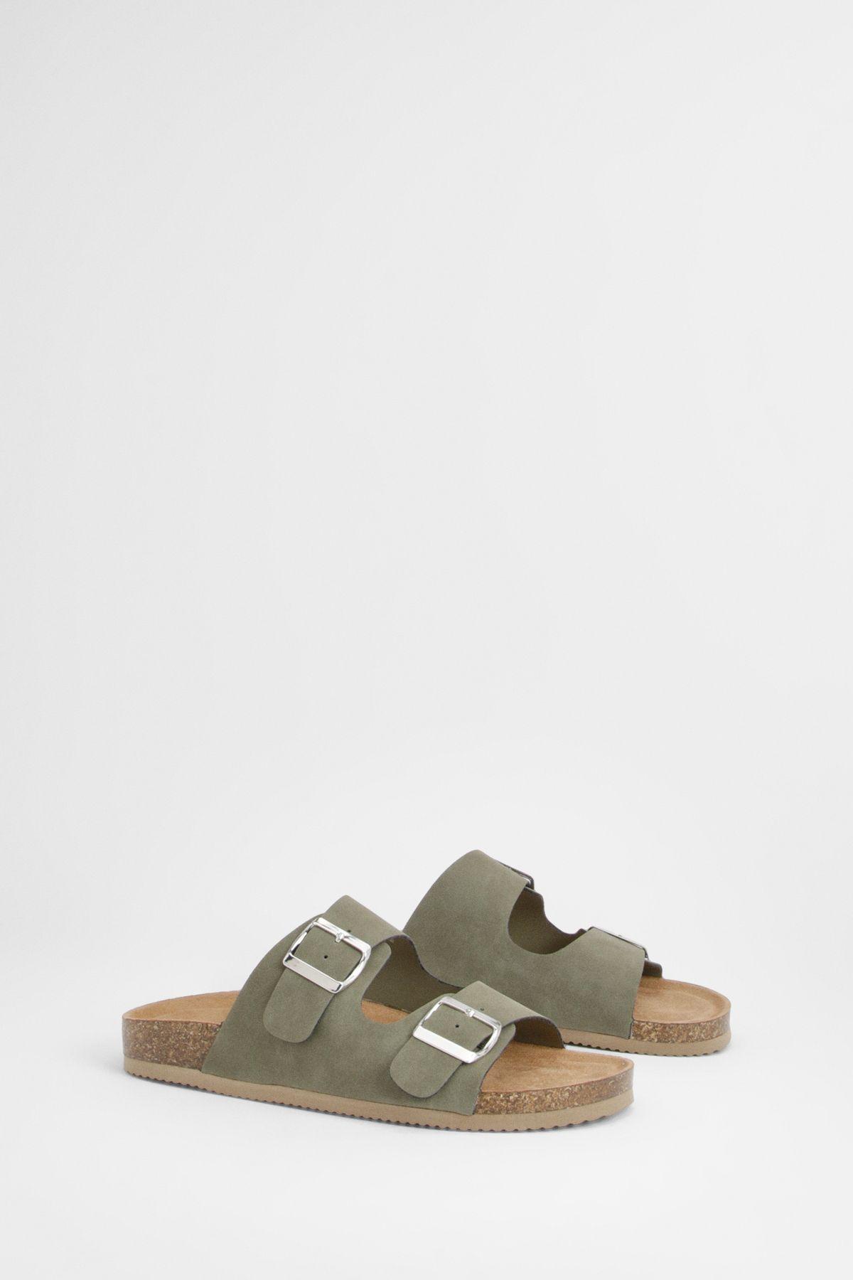 Double Buckle Footbed Sliders by BOOHOO
