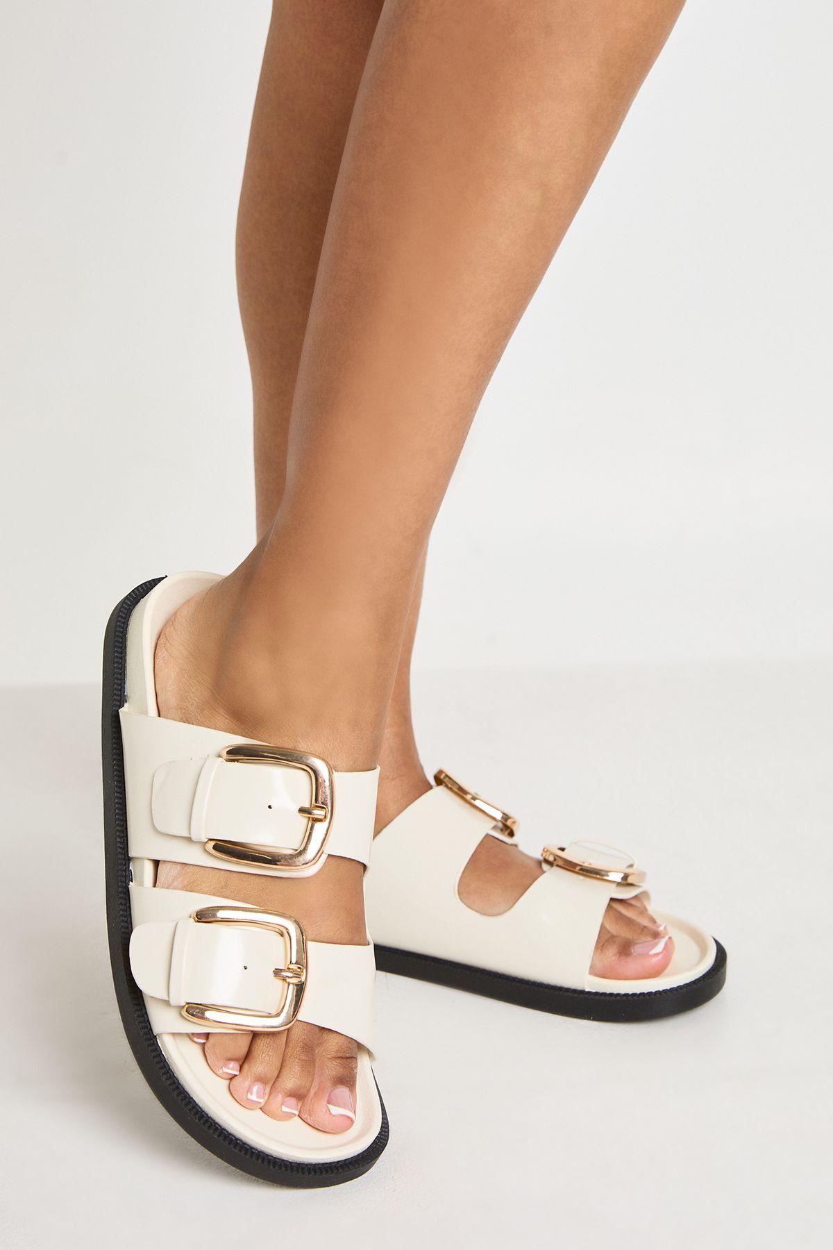 Double Buckle Footbed Sliders by BOOHOO