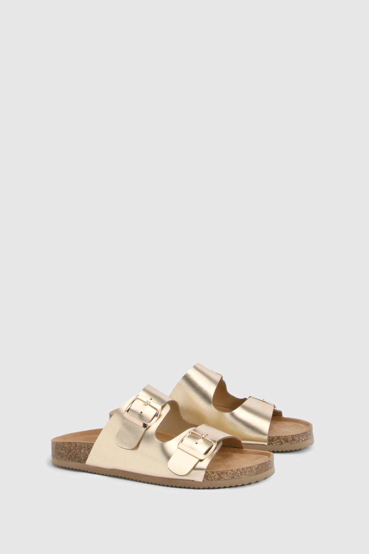 Double Buckle Footbed Sliders by BOOHOO