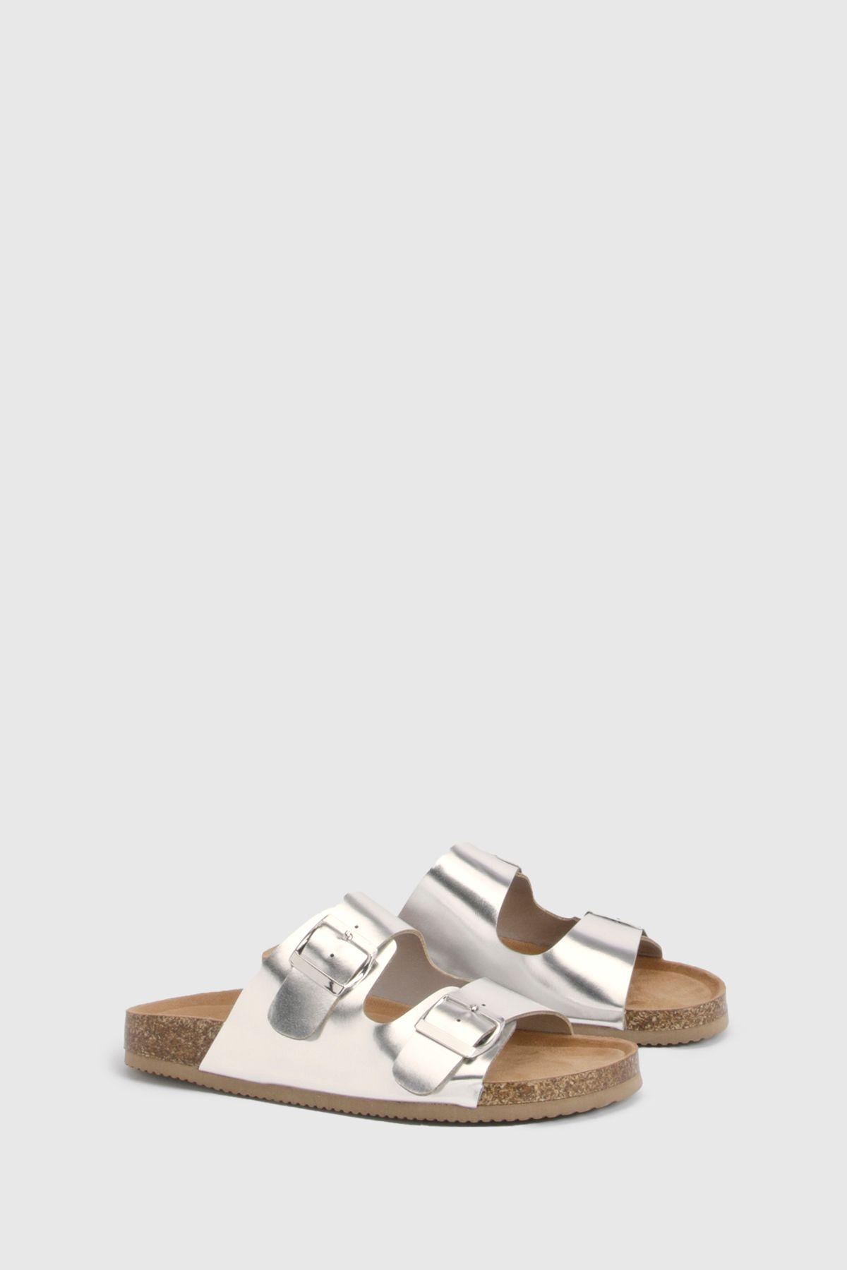 Double Buckle Footbed Sliders by BOOHOO