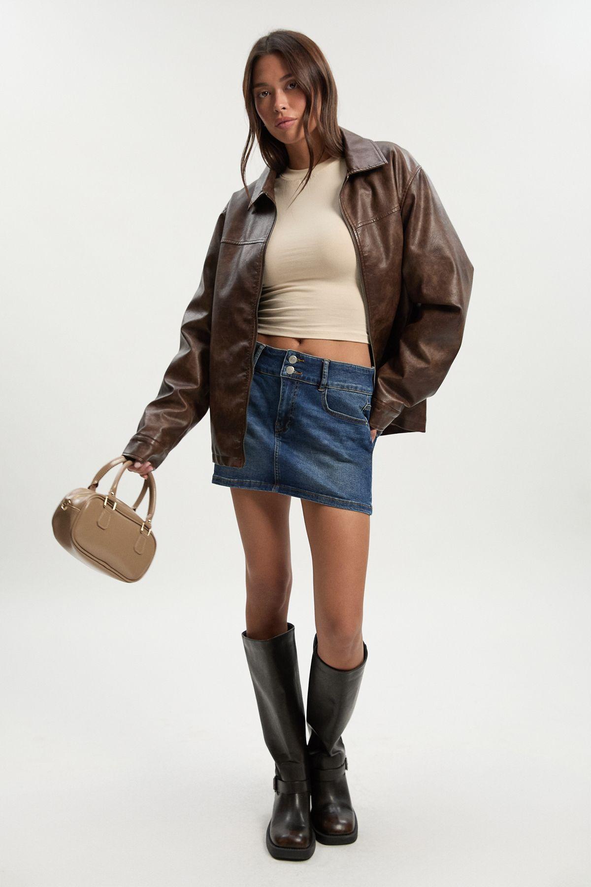 Double Button Denim Mini Skirt by BOOHOO