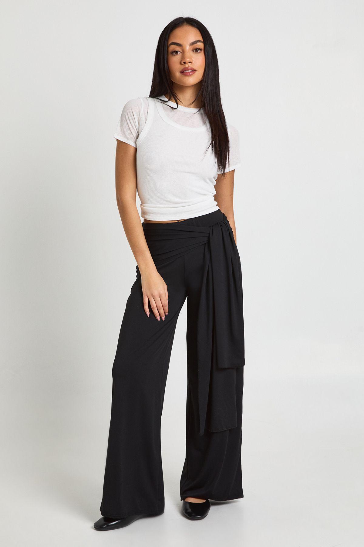 Double Layer Matte Slinky Tie Waist Trouser by BOOHOO