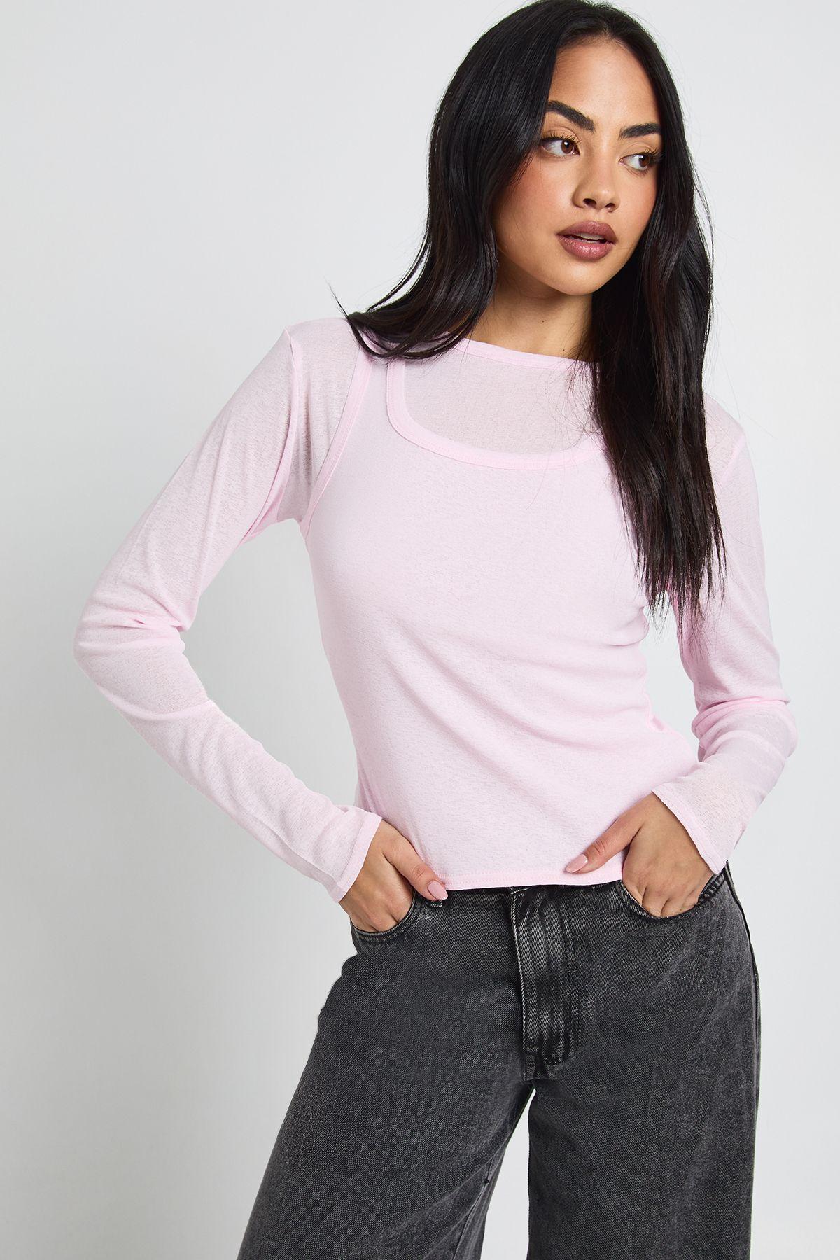 Double Layer Sheer Racer Long Sleeve Top by BOOHOO