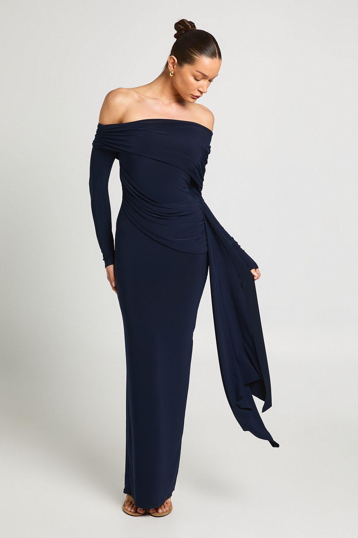 Double Layer Slinky Asym Neck Long Sleeve Maxi Dress by BOOHOO