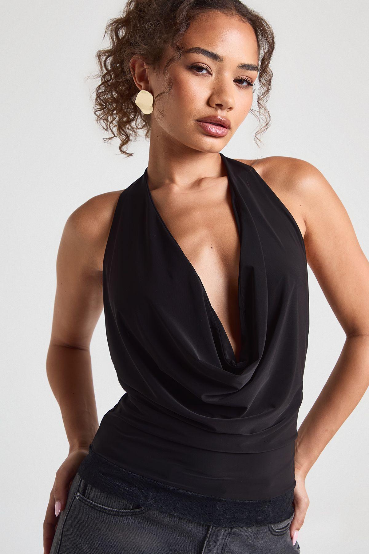 Double Layer Slinky Cowl Neck Lace Trim Top by BOOHOO