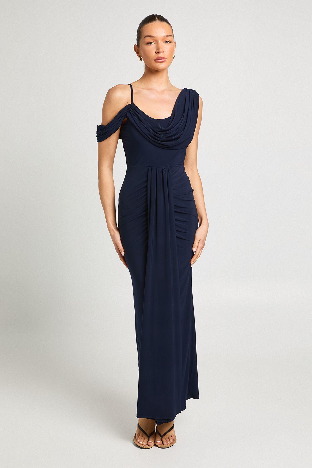 Double Layer Slinky Drape Front Cold Shoulder Maxi Dress by BOOHOO