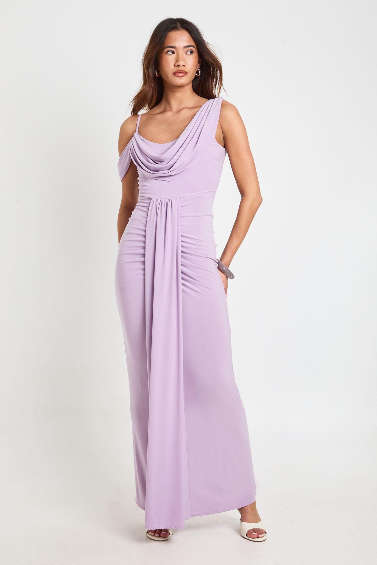 Double Layer Slinky Drape Front Cold Shoulder Maxi Dress by BOOHOO