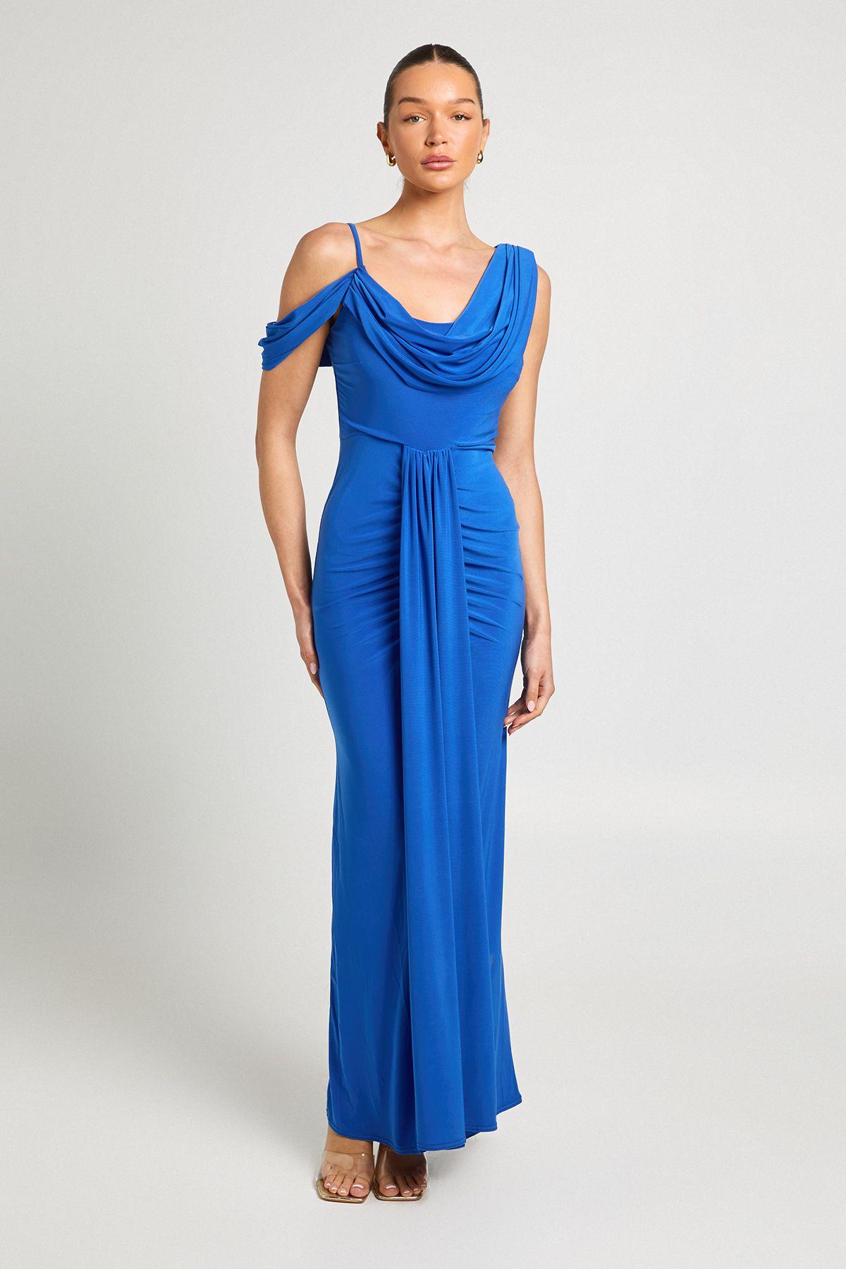 Double Layer Slinky Drape Front Cold Shoulder Maxi Dress by BOOHOO