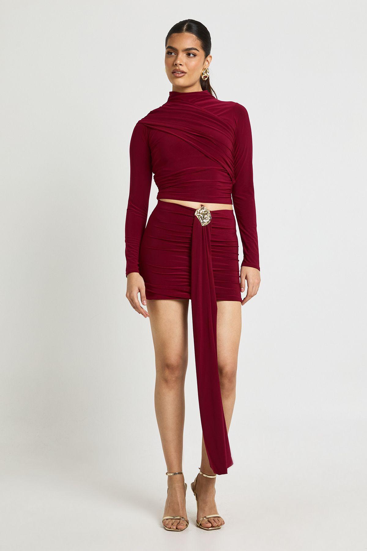 Double Layer Slinky Drape Front Trim Mini Skirt by BOOHOO
