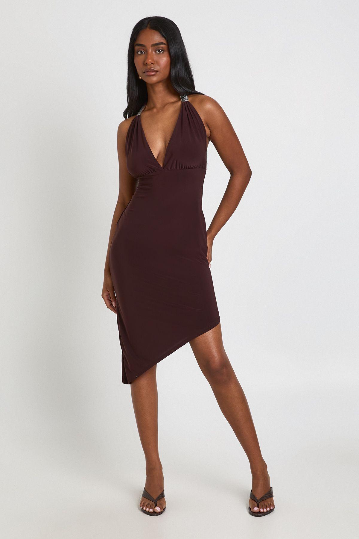 Double Layer Slinky Gold Trim Plunge Front Asym Hem Dress by BOOHOO