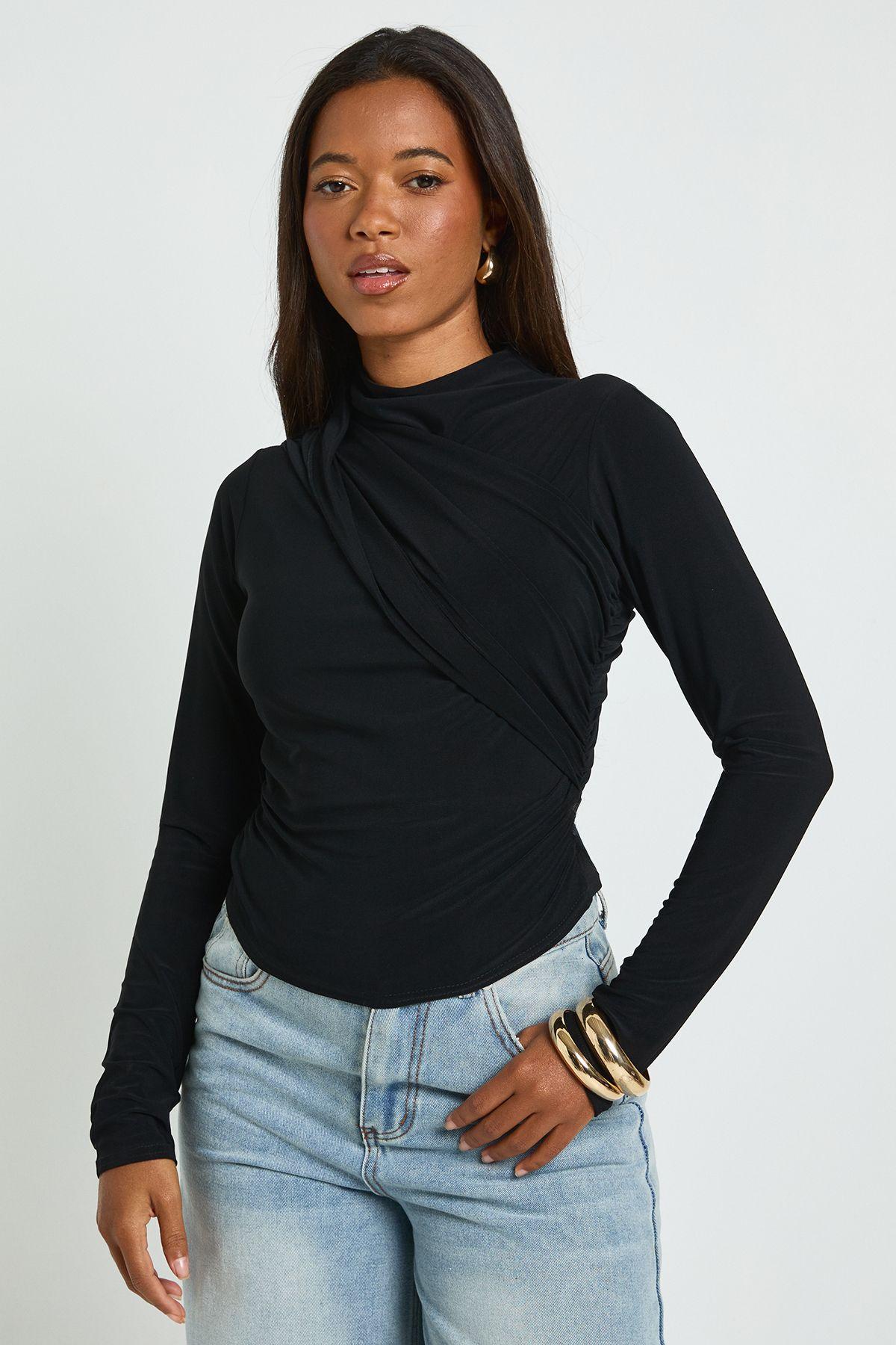 Double Layer Slinky High Neck Wrap Long Sleeve Top by BOOHOO