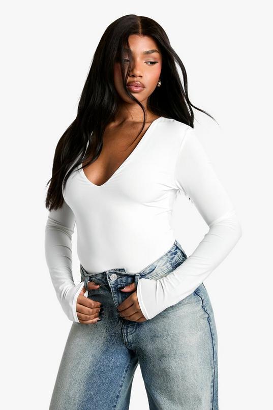 Double Layer Slinky Plunge Front Long Sleeve Bodysuit by BOOHOO
