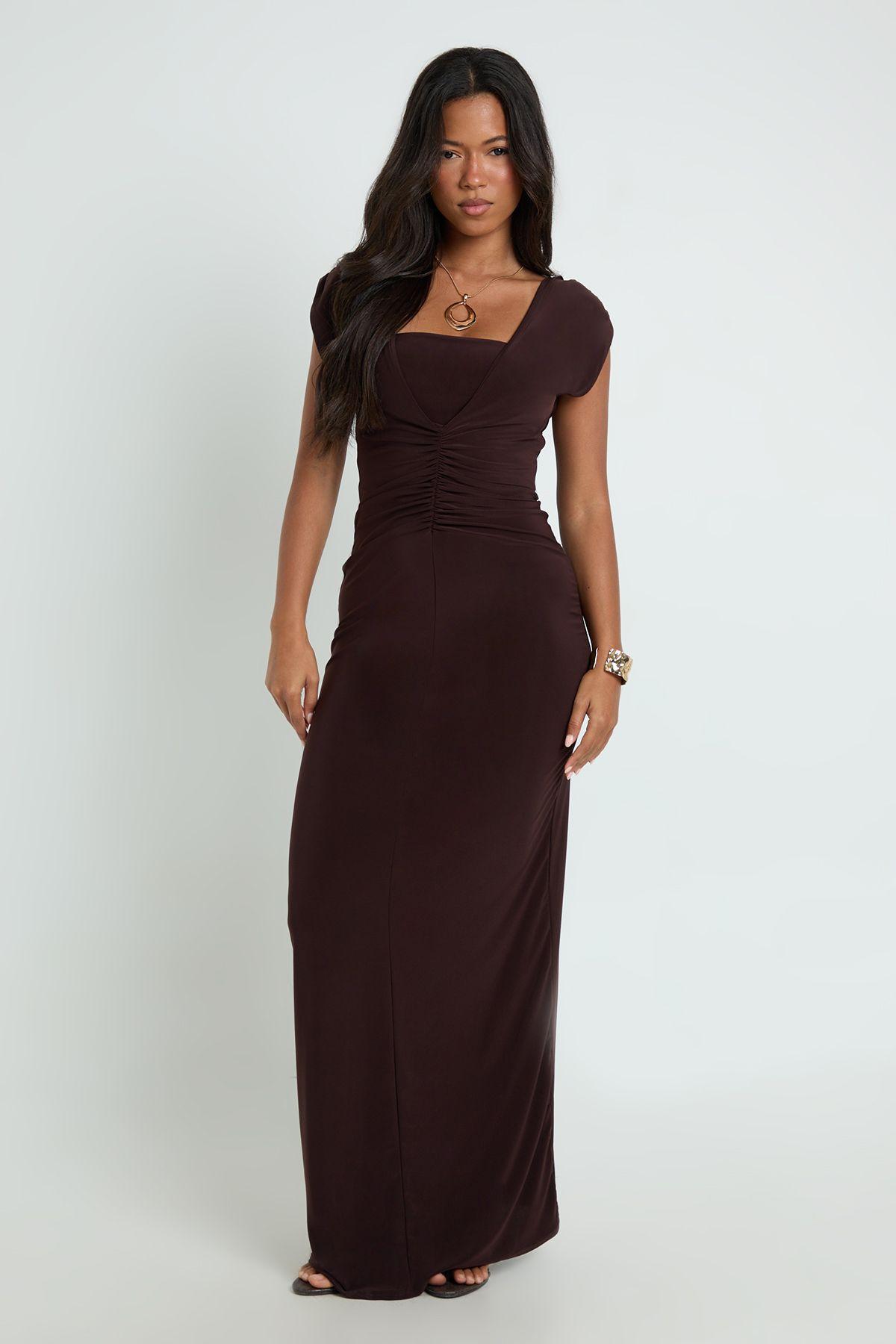 Double Layer Slinky Plunge Ruched Front Maxi Dress by BOOHOO