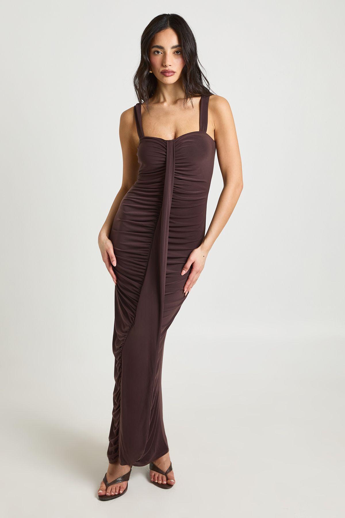 Double Layer Slinky Ruched Drape Front Maxi Dress by BOOHOO