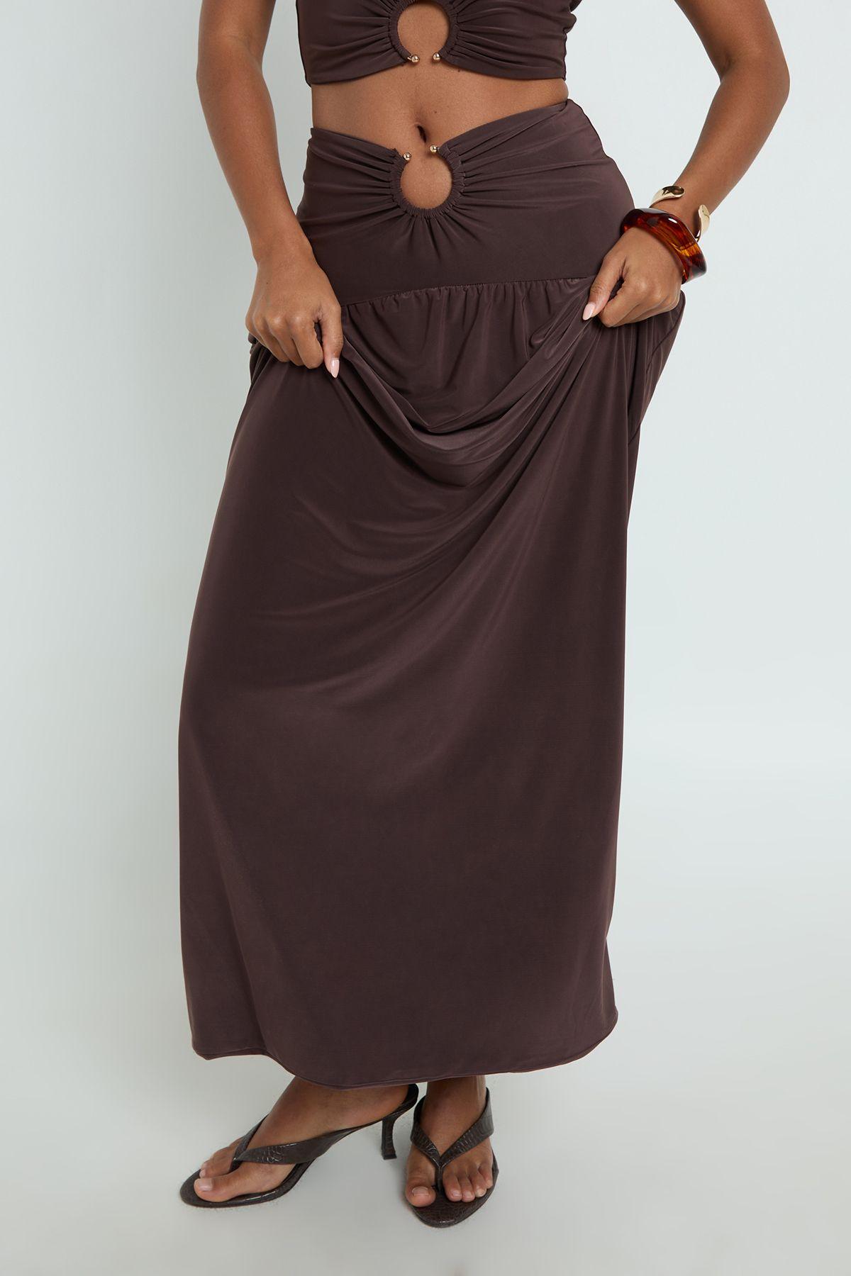 Double Layer Slinky Ruched Maxi Skirt with Ring Trim by BOOHOO