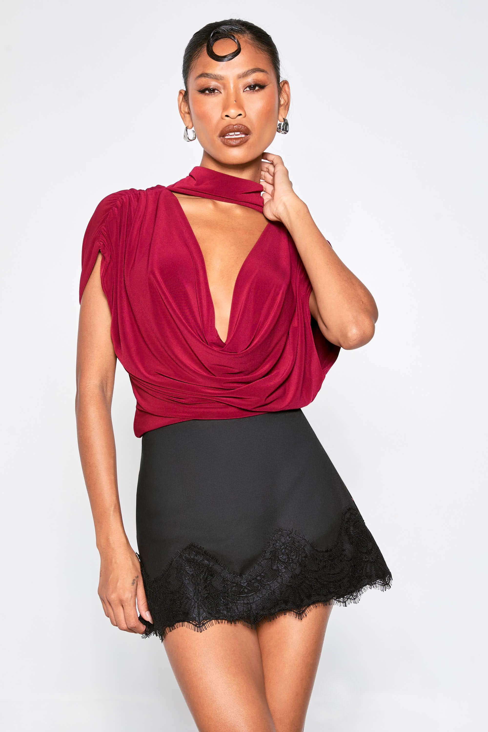 Double Layer Slinky Scarf Detail Ruched Shoulder Bodysuit by BOOHOO