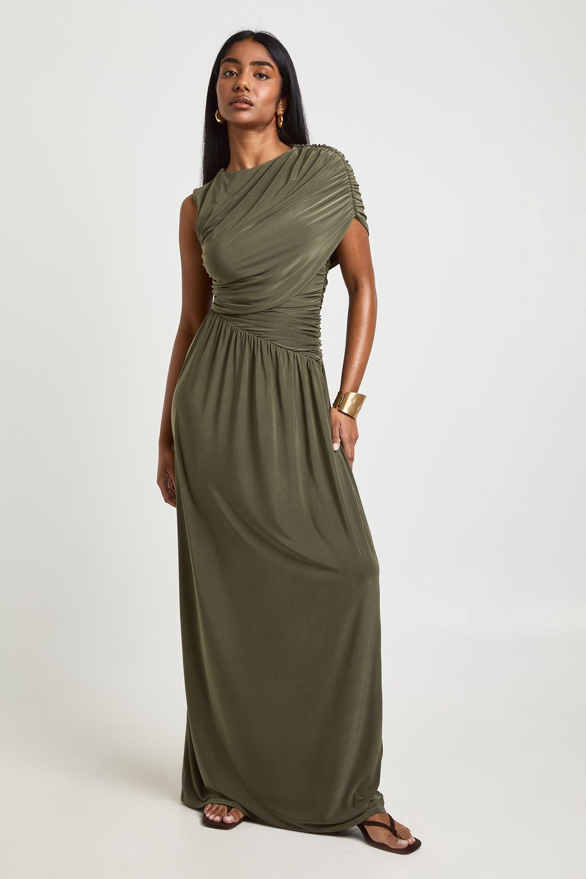 Double Layer Slinky Sleeveless Ruched Body Maxi Dress by BOOHOO