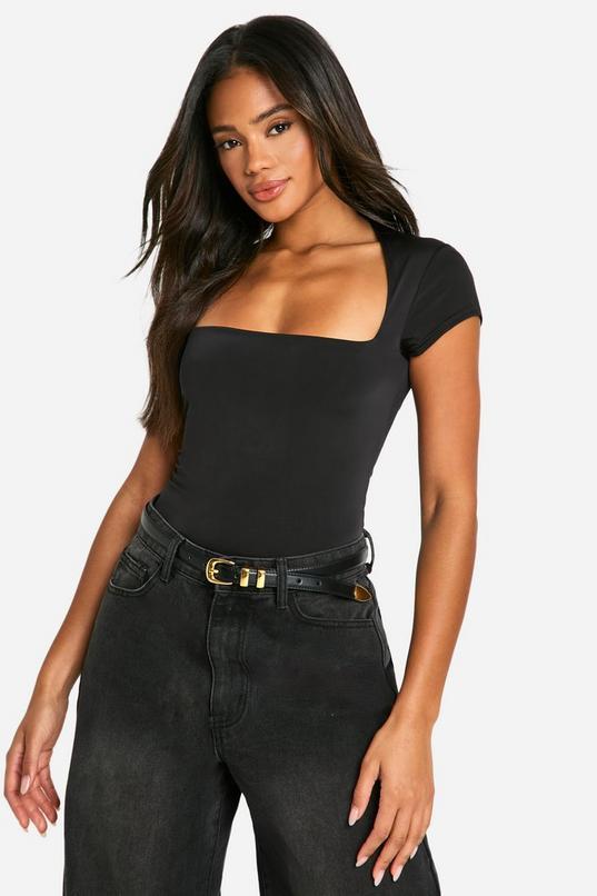 Double Layer Slinky Square Neck Cap Sleeve Bodysuit by BOOHOO