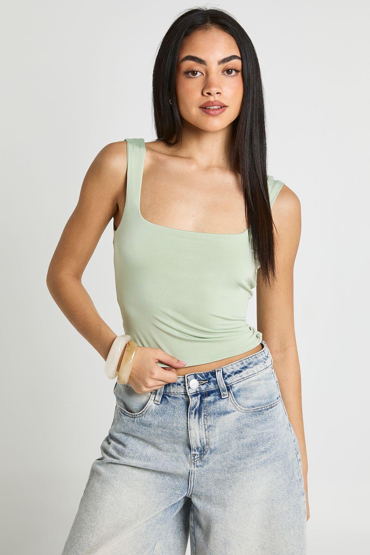 Double Layer Slinky Square Neck Crop Top by BOOHOO
