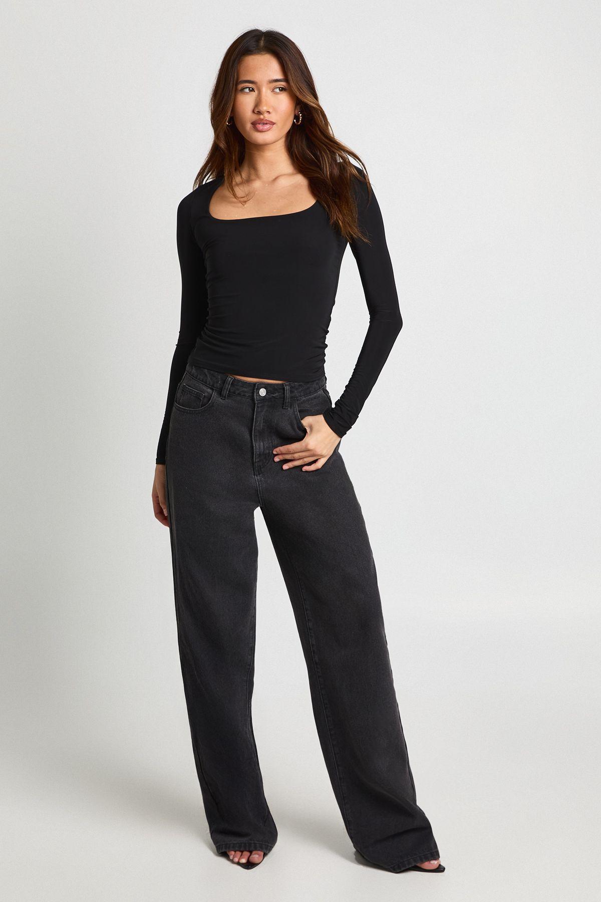 Double Layer Slinky Square Neck Long Sleeve Top by BOOHOO