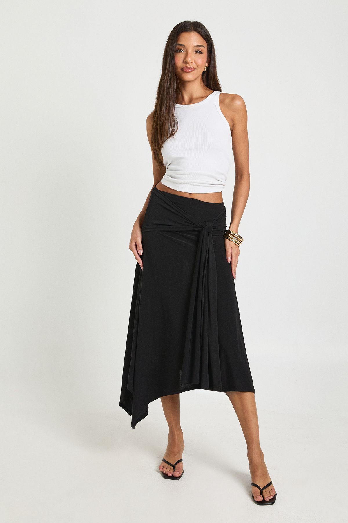 Double Layer Slinky Tie Waist Midi Skirt by BOOHOO