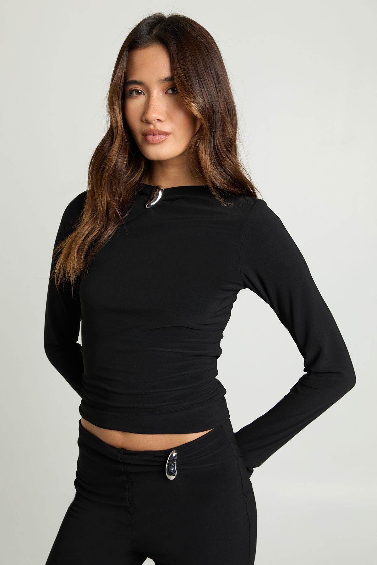 Double Layer Slinky Top With Silver Trim Detail by BOOHOO