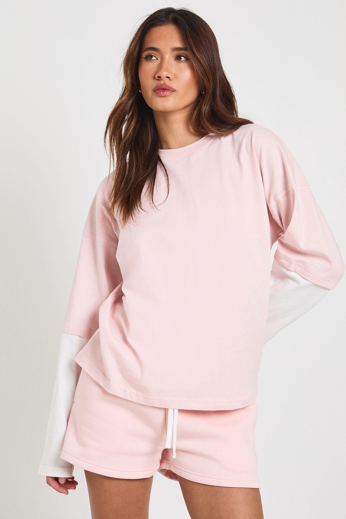 Double Layer Top And Contrast Drawcord Sweat Short Set by BOOHOO