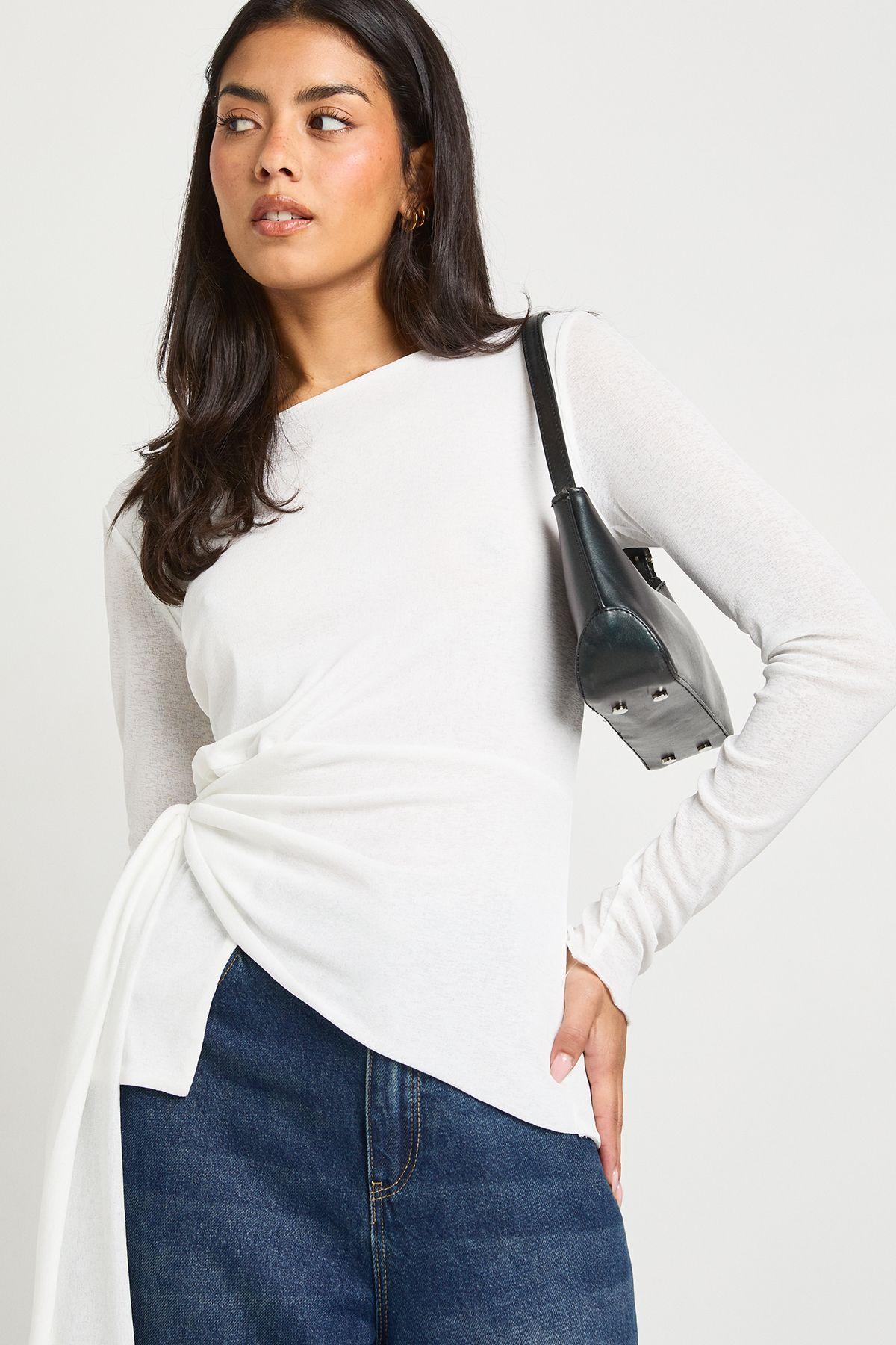 Double Layered Textured Mesh Drape Front Long Sleeve Top by BOOHOO