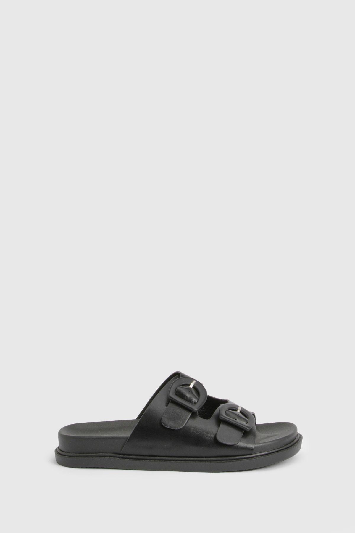 Double Strap Buckle Detail Platform Sliders by BOOHOO