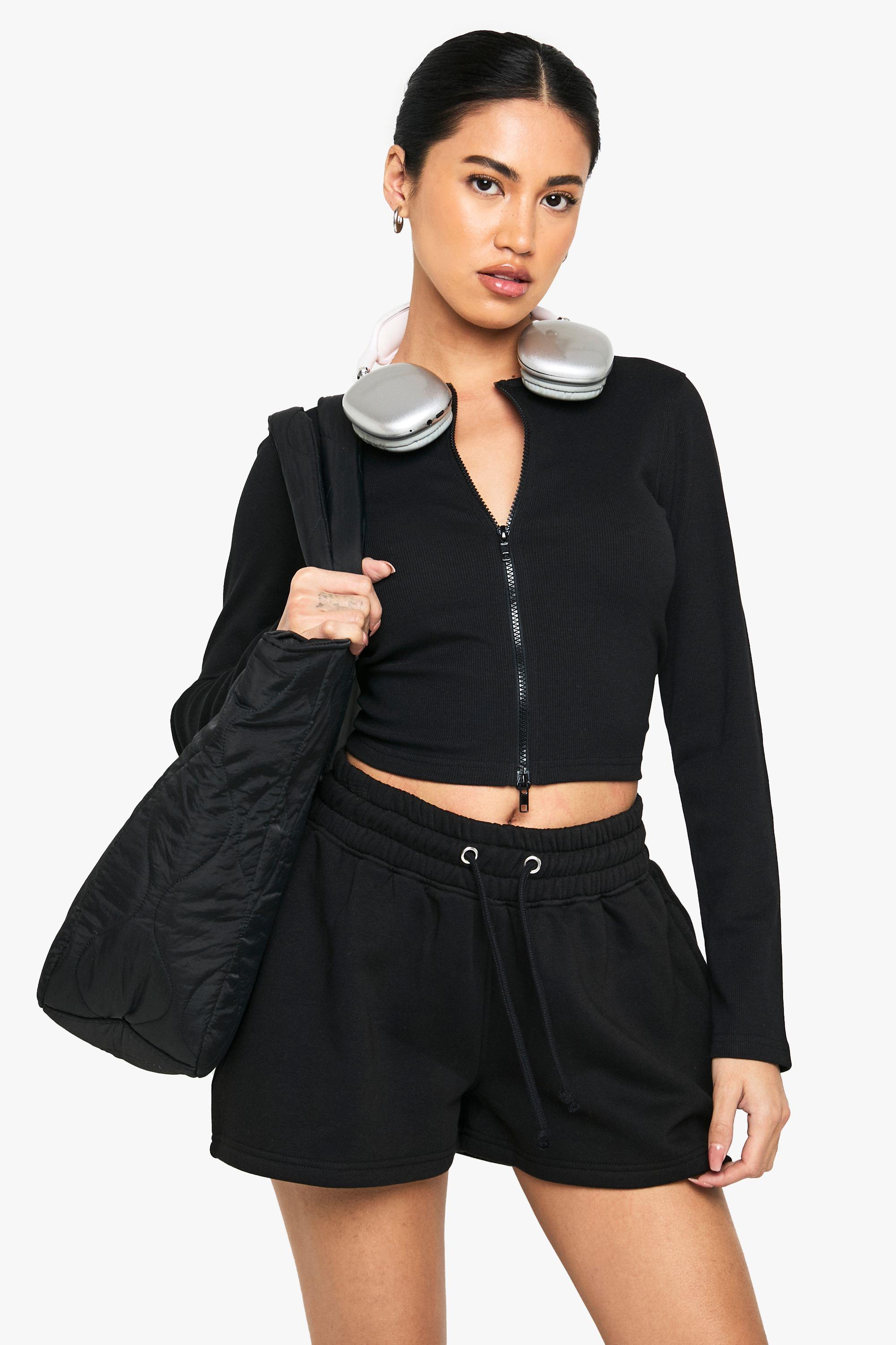 Double Zip Long Sleeve Rib Top And Short Tracksuit by BOOHOO