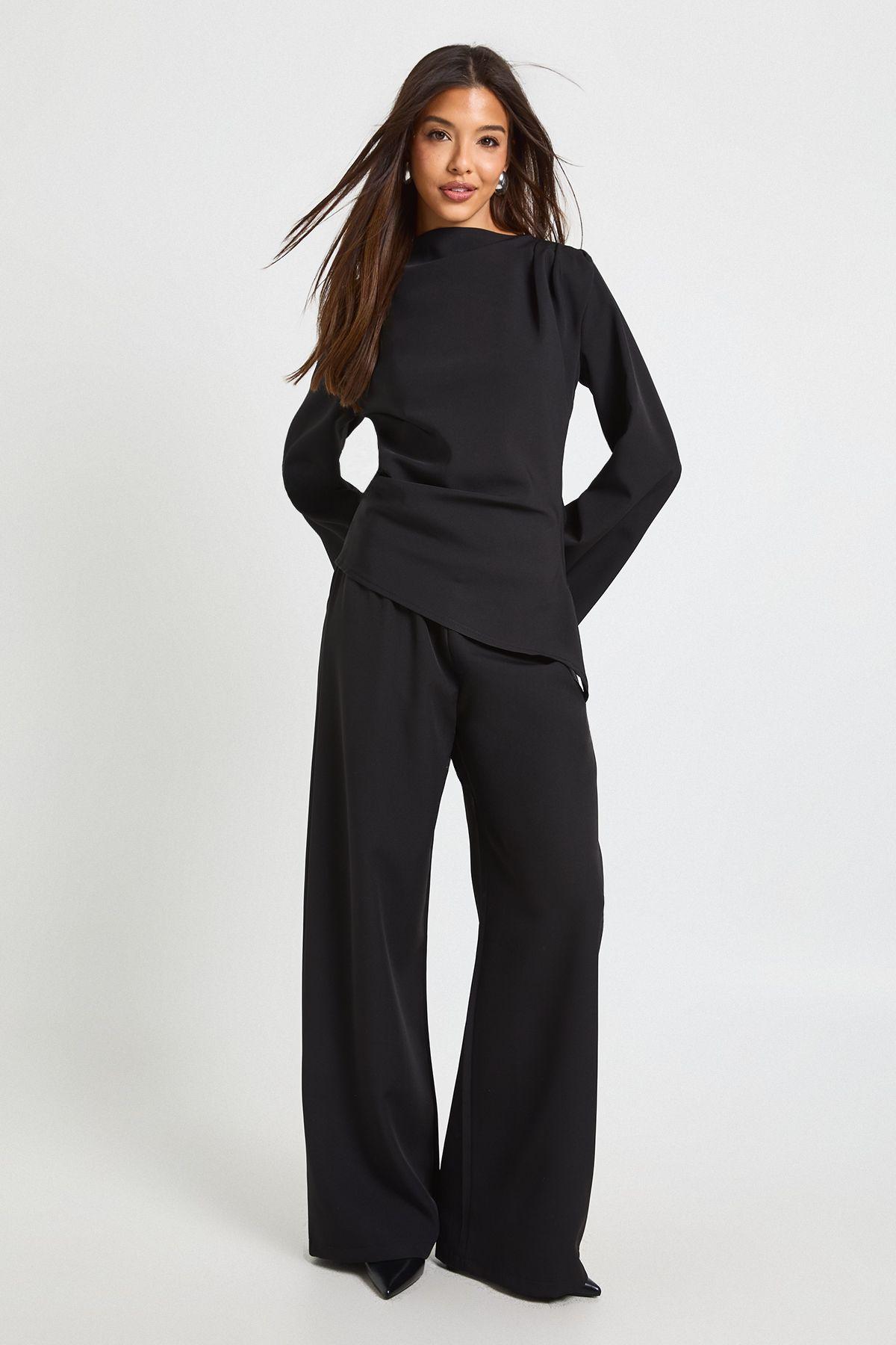 Draped Asymmetric Top & Wide Leg Trouser Co-ord by BOOHOO