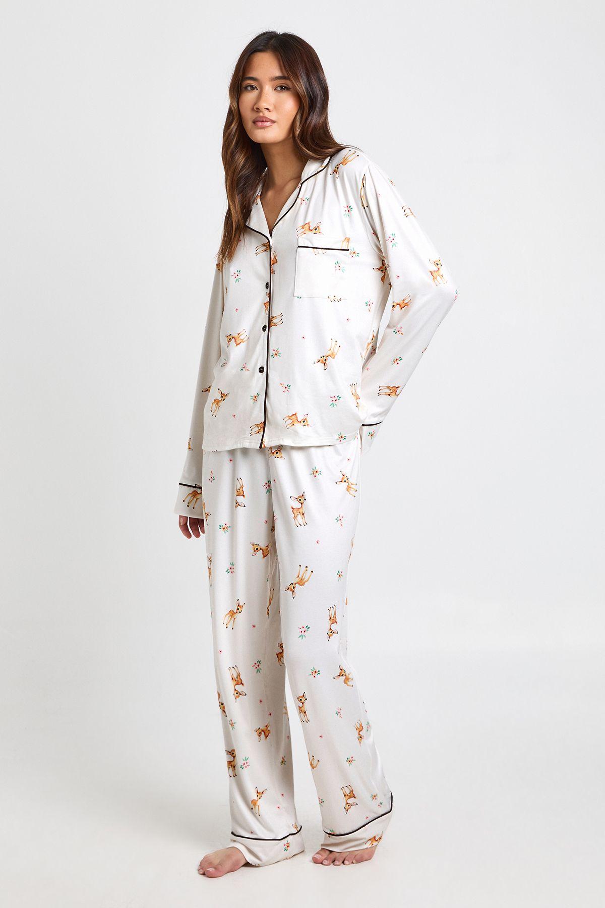 Easter Deer Print Long Sleeve Shirt & Trouser Pyjama Set by BOOHOO