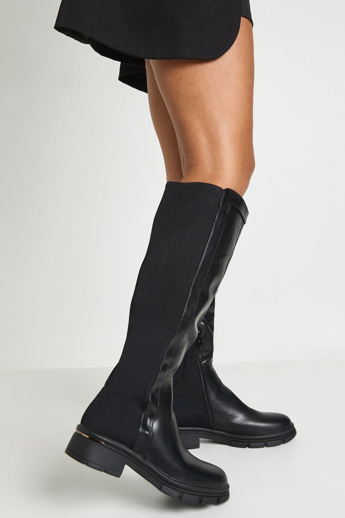 Elastic Panel Chunky Knee High Boots by BOOHOO