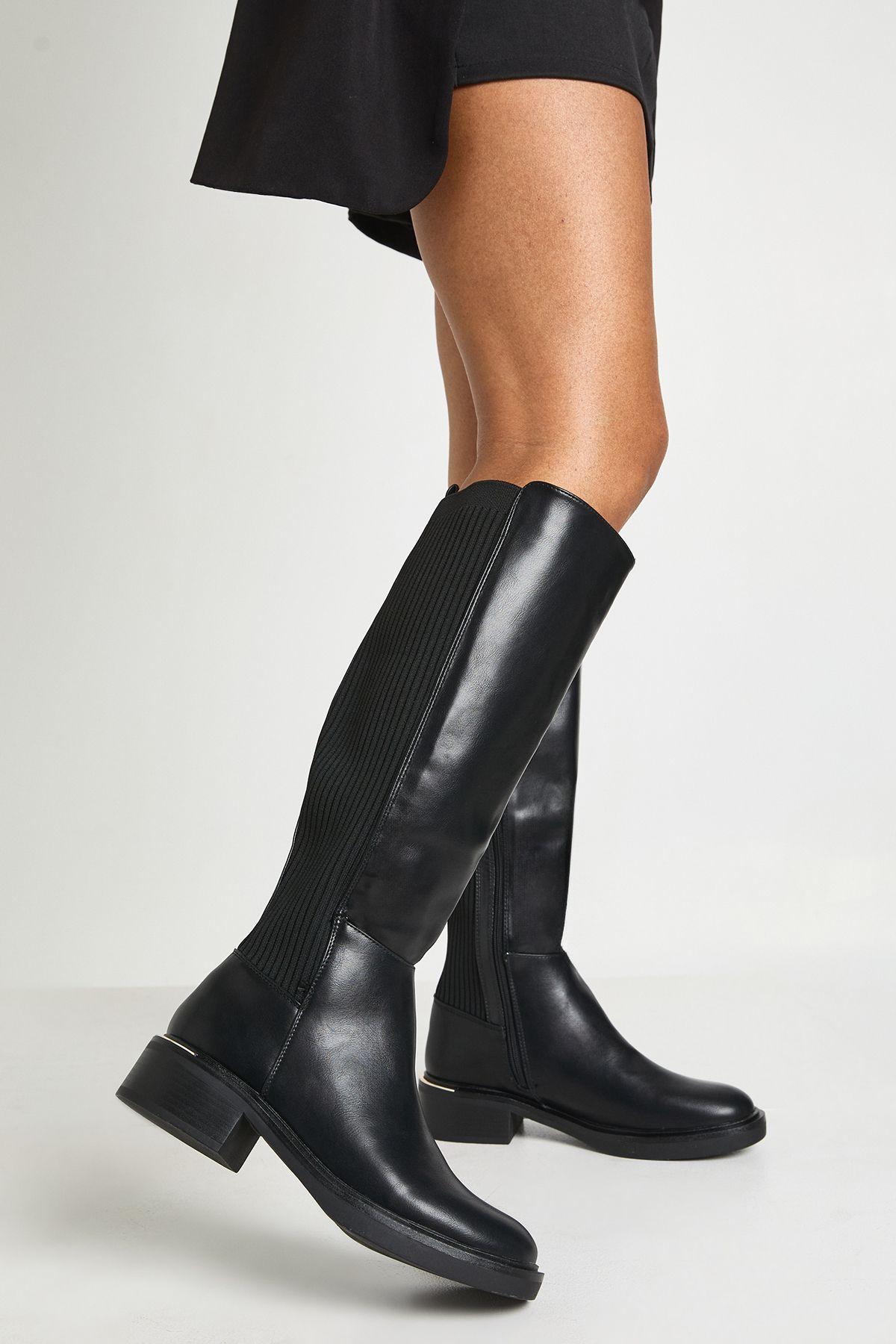 Elastic Panel Knee High Boots by BOOHOO