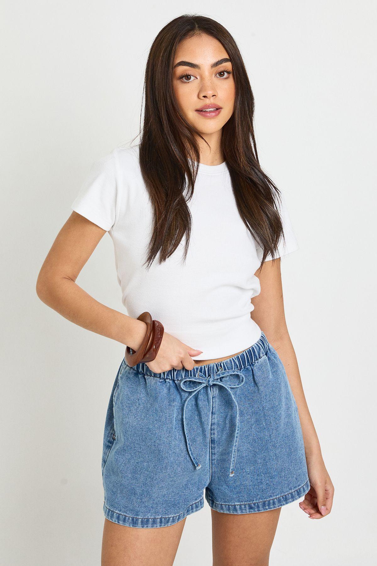 Elasticated Waist Denim Shorts by BOOHOO