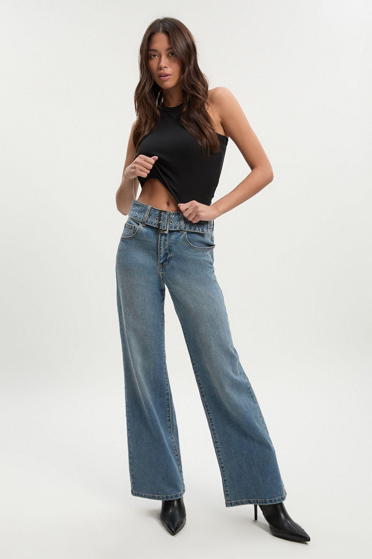 Embellished Belt High Waist Wide Leg Jean by BOOHOO