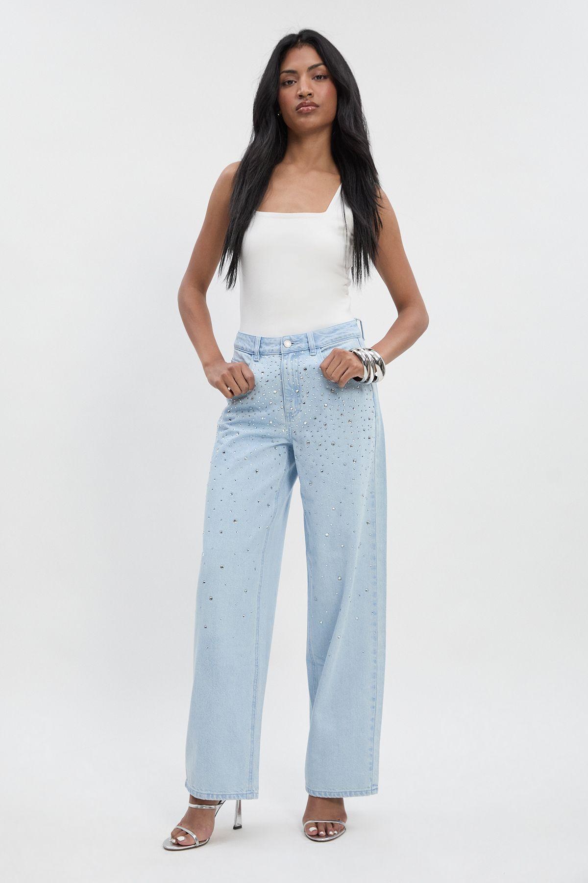 Embellished High Waist Straight Leg Jean by BOOHOO