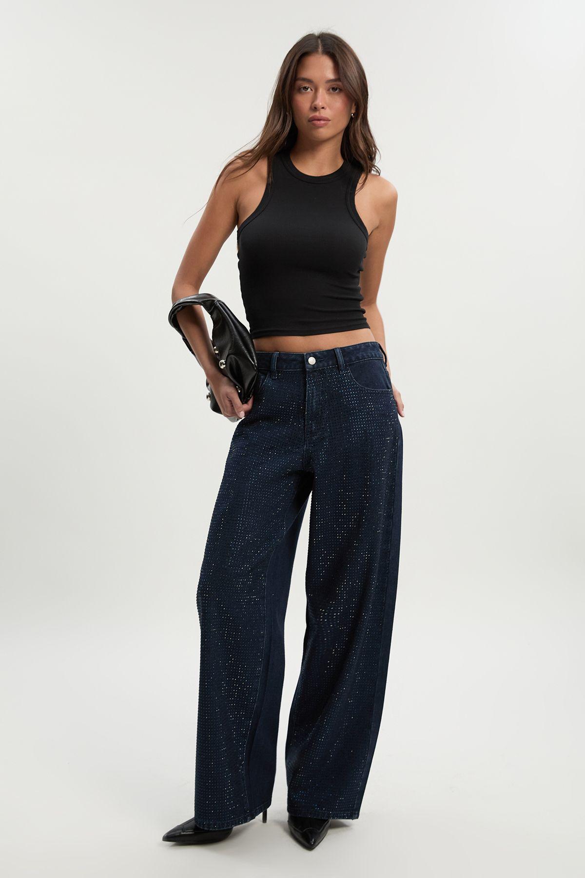 Embellished High Waist Wide Leg Jean by BOOHOO Embellished High Waist Wide Leg Jean by BOOHOO